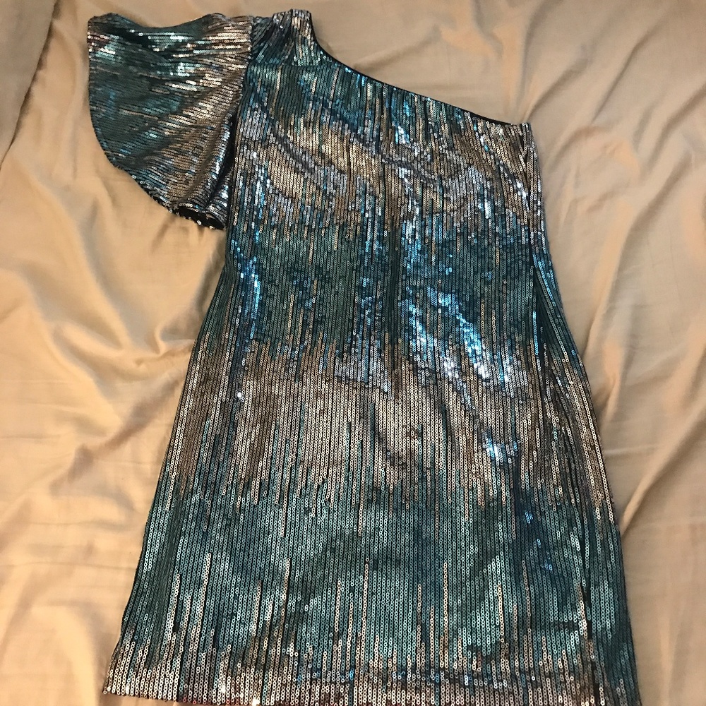 Blue/Silver Sequins One-Shoulder Dress, Size Small